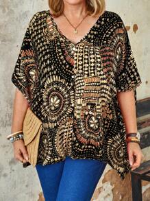 Blusa casual con estampado y cuello en V para mujeres de talla grande, para el verano