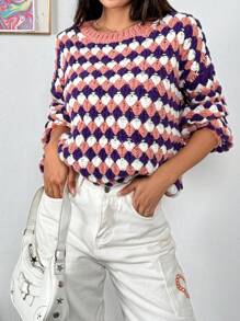 SHEIN X Angie Costa Chiquease Women's Round Neck Long Sleeve All-Over Print Casual Loose Sweater