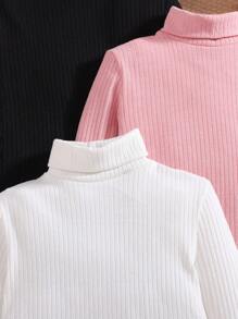 3 piezas Tops de manga larga con cuello alto de punto de unicolor básico para niñas preadolescentes