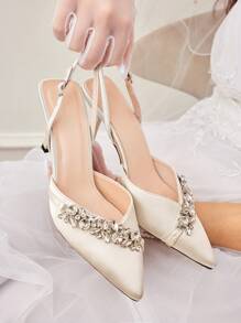 CUCCOO HITCHD Spring/Summer New Luxury Silk Silver Crystal Rhinestone Embellished Beige/Nude Stiletto High Heel Shoes, Party, Wedding, Date Occasion Backless Pumps For Christmas Elegant Shoes Wedding Shoes - Apricot - View 4