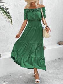 Breezaya Vestido de unicolor con hombros descubiertos, volantes escalonados y cintura ceñida - Verde - Ver 6