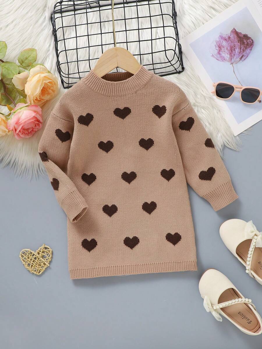 Young Girl Minimalist Cute Casual Heart Pattern Khaki Long Sleeve Sweater Dress - Brown - View 1