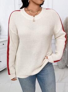 SHEIN Essnce Plus Size Women's Contrast Color Minimalist Long Sleeve Pullover Sweater, Casual Wear