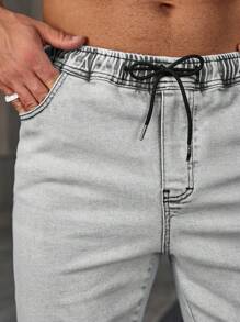 Manfinity Homme 男士抽绳口袋时尚日常休闲牛仔短裤 - 灰色 - 查看 6