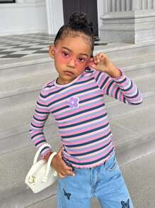 SHEIN Young Girl Striped Print Floral Patched Tee - Multicolor - View 4