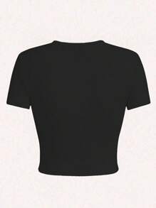SHEIN Women Contrasting Letter Print Round Neck Short Sleeve T-Shirt Graphic Tees Women Tops - Black - View 2