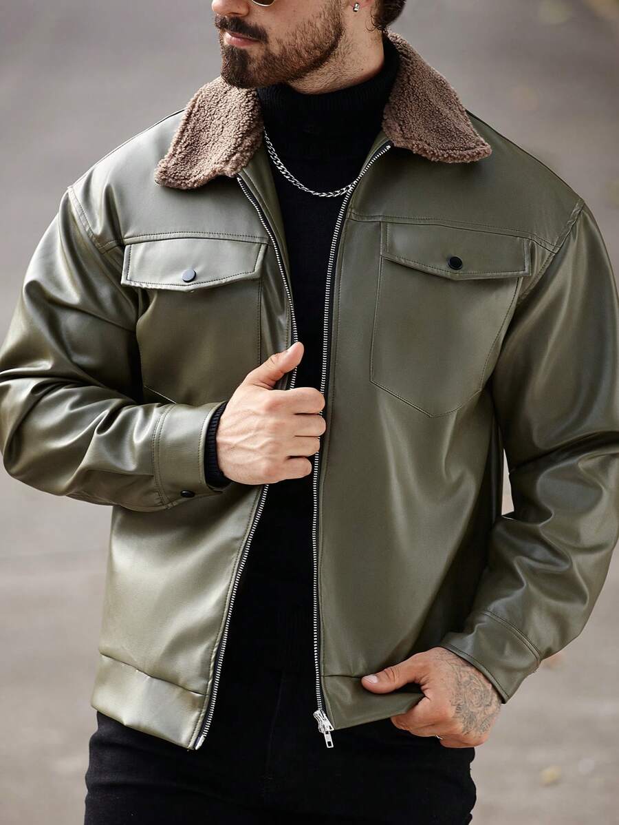 Manfinity Homme 男士拉链长袖 PU 皮革时尚摩托车夹克，冬秋季外出休闲夹克，适合送给朋友、丈夫、男朋友的礼物 - 軍綠色 - 查看 1