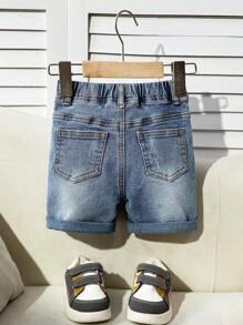 SHEIN Baby Boy Casual Cute Ripped Frayed High Stretch Blue Denim Shorts,For Outdoor Wear - Light Wash - View 2