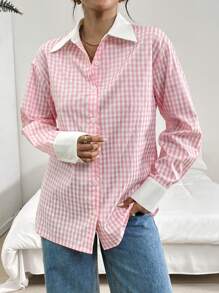 SHEIN Essnce Camisa casual de cuadros rosas y blancos de retazos para mujeres, ropa de mujer, camisa de mujer para primavera y otoño - Rosa - Ver 4