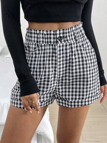 SHEIN Essnce Women's Casual Plaid High Waisted Shorts With Pockets, Summer