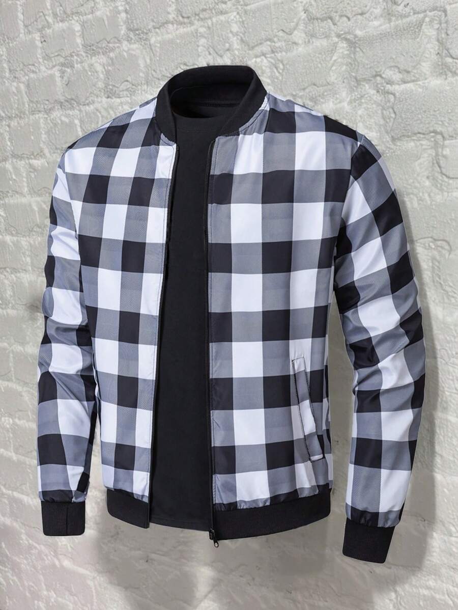 Manfinity Homme Men's Plaid Print Fashion Bomber Jacket, Long Sleeve, Going Out, Designer, Color Block, Baseball Jacket, Friends, Fall - Multicolor - View 1