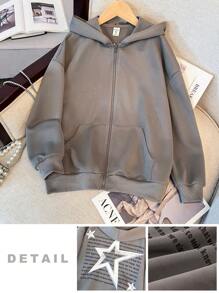 Chaqueta con capucha de sudadera con cremallera y estampado de estrella en la espalda, holgada y casual, de urbana, de color gris ultra suelto, de manga caída para niña preadolescente