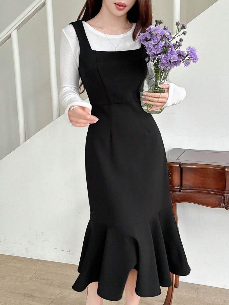Women Solid Square Neck Sleeveless Mermaid Dress,Ruffle,Fall Clothes Maxi Dress