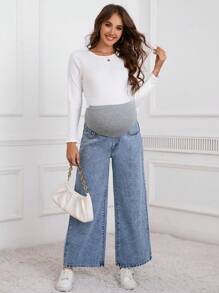 SHEIN 孕妇纽扣腰带休闲直筒宽松舒适时尚牛仔裤 - 中等水洗藍 - 查看 3