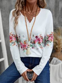 EMERY ROSE Women Floral Print Notch Neck Long Sleeve T-Shirt - White - View 3