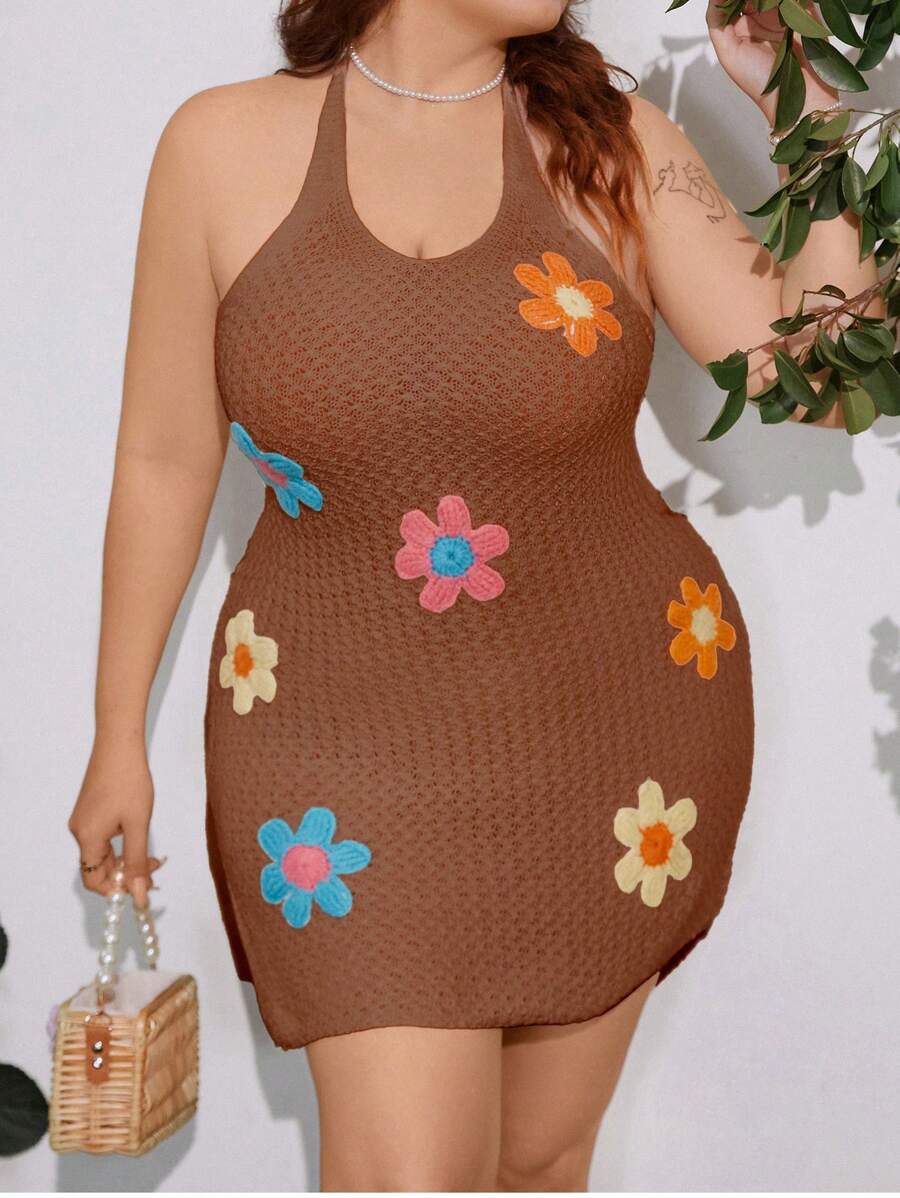 Flirla Vestido-jersey de punto abierto con crochet y estampado floral de talla grande - Café integral - Ver 1
