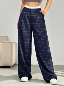 SHEIN EZwear Contrast Color Waistband Plaid Loose Straight Leg Pants With Pockets, Spring/Summer