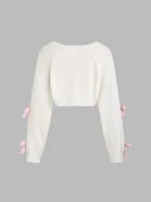 SHEIN Unity 女式可爱可爱白色长袖开衫配粉色蝴蝶结。，长袖上衣