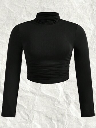 SHEIN CURVE+ Curve Plus Size 女式针织立领 T 恤，黑色上衣