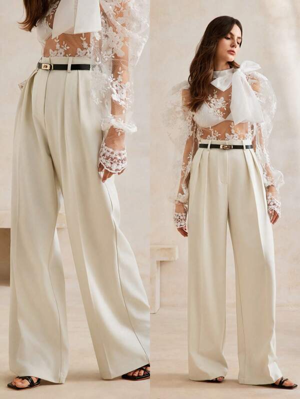 Anewsta Solid Color With Pockets Urban Elegant Women Wide-Leg Trousers