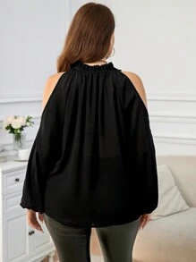 SHEIN Clasi Plus Size Cold Shoulder Long Sleeve Fitted Elegant Black Blouse - Black - View 2