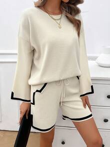 2pcs Casual Color Block Trim Long Sleeve Sweater And Shorts Set, Spring Autumn - Apricot - View 3