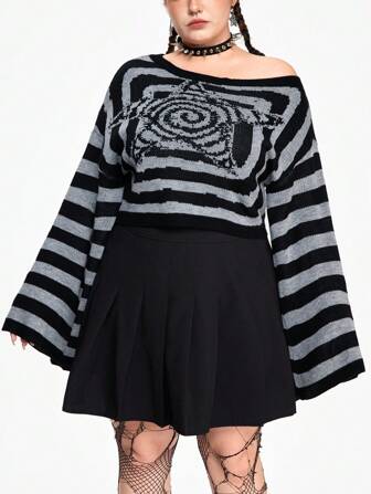 Grunge Punk Suéter abombado de manga acampanada con textura de rayas y estrellas para mujer talla grande, para invierno