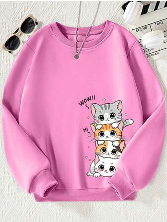 SHEIN Tween Girl Casual Cartoon Cat Graphic Sweatshirt, Spring Autumn, School, Campus, College