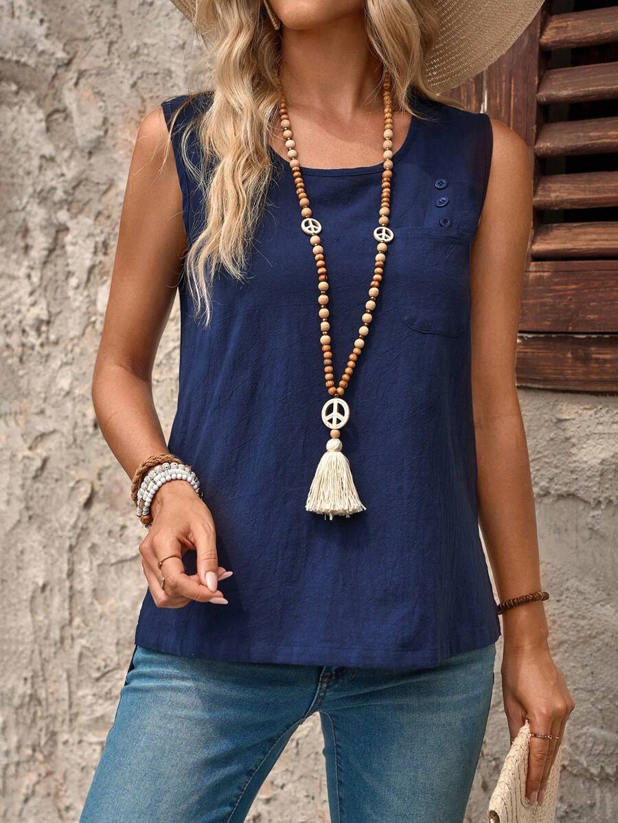 EMERY ROSE Women's Solid Color Sleeveless Top, Short Front And Long Back, For Vacation And Leisure Summer Tank Tops - Blue - View 1