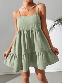 SHEIN EZwear 女士薄荷绿色细肩带露背荷叶边下摆吊带连衣裙 - 薄荷綠 - 查看 8