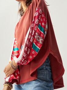 Bohemela Women's Round Neck Long Sleeve Vacation Graphic Loose Casual T-Shirt, Fall - Red - View 4