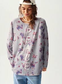 Bohemela Women's Long Sleeve T-Shirt With Ditsy Floral Pattern, For Vacation/Fall - Grey - View 5