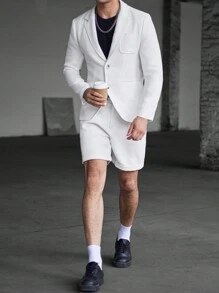 Calvornis 2 件套男士纯色单排扣长袖西装外套和短裤夏季休闲套装 - 白色 - 查看 3
