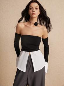 Poéselle Black Going Out Tops,Women's Solid Color Patchwork Off Shoulder Long Sleeve Split Casual Blouse,Fall Women Clothes,Fake Two Shirt Splicing Chest Top, Long Sleeve Sleeve, Sleeve Sleeve Removable,Simple Fashion, Siren Office, Suitable For Daily Commute, Street Wear - Black - View 5