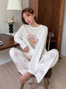 DAZY Cute Bear Letter Print Loose Fit Long Sleeve Top And Pants Pajama Set