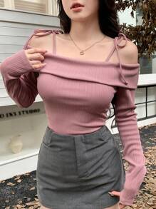 DAZY 女士露肩系带长袖休闲柔软T恤，秋季服装 - 粉色 - 查看 4