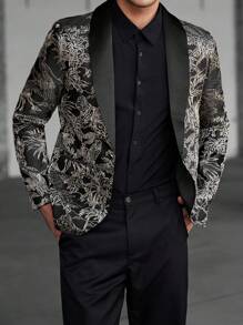 Manfinity Bizformal Men's Business Formal Event Luxurious Party Exquisite Fancy Animal And Plant Paradise Black And Gold Color Embossed Suit Set ,Men Two Pieces Outfits - Gold - View 1