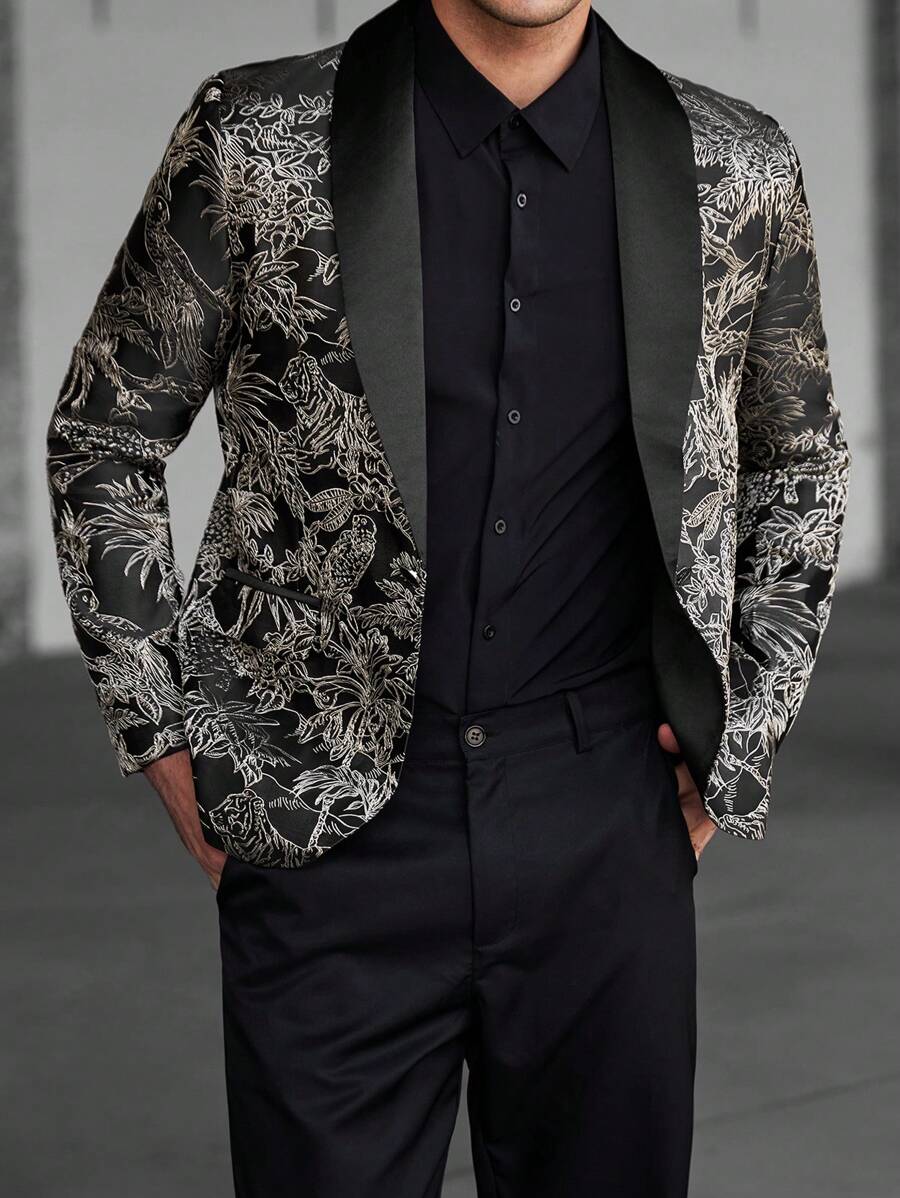 Manfinity Bizformal Men's Business Formal Event Luxurious Party Exquisite Fancy Animal And Plant Paradise Black And Gold Color Embossed Suit Set ,Men Two Pieces Outfits - Gold - View 1