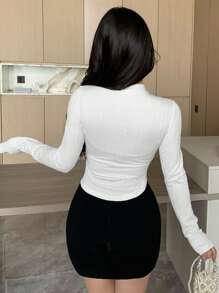 DAZY Women's Hollow Heart Decor Stand Collar Long Sleeve T-Shirt, Spring & Summer,Fall Clothes Turtleneck Women