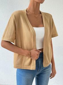 SHEIN LUNE 女士纯色短袖宽松休闲开衫，夏季 - 卡其色 - 查看 4