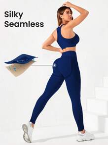 SHEIN Sport Studio Women Solid Color Crop Vest And Leggings Seamless Highly Elastic Sports Suit Workout Women Set Women Leggings Set