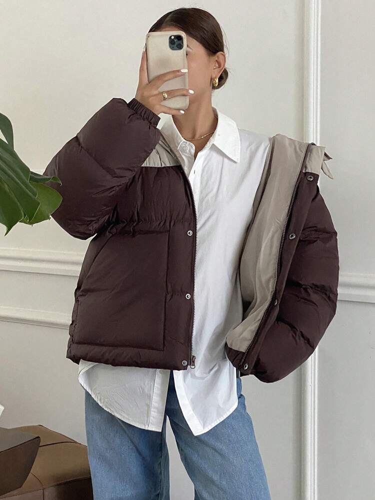 Women Contrast Panel Hooded Casual Padded Coat,Winter Women Clothes,Padded Coat Women Jacket