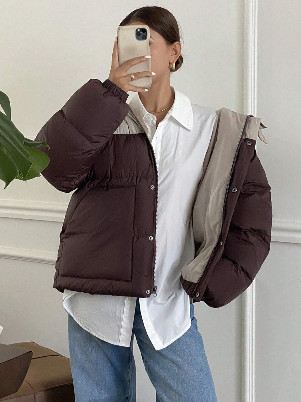 Women Contrast Panel Hooded Casual Padded Coat,Winter Women Clothes,Padded Coat Women Jacket