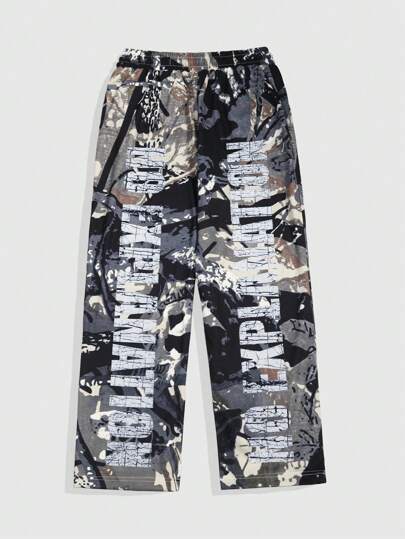 ROMWE Avant Pantalones casuales de pierna recta con estampado de letras camuflados para hombre