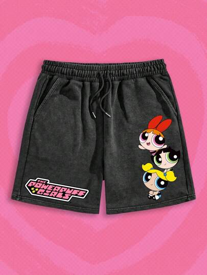 The Powerpuff Girls | ROMWE Herren Lässig Shorts mit Cartoon- und Buchstaben Muster, Tunnelzug Taille, weite Passform, Sommer, Schule