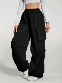 SHEIN Tall Black Street Cargo Pocket Parachute Pants