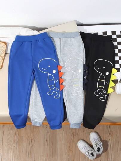 Set de 3 pantalones deportivos casuales con estampado de dinosaurio universitario para niños en gris, caqui y azul marino, aptos para uso diario, escuela, viajes, deportes, primavera/otoño
