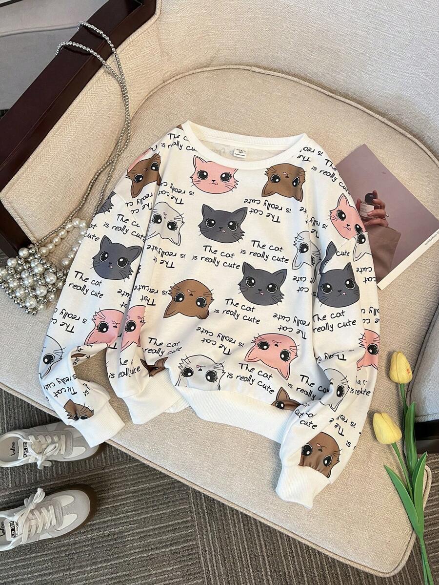 SHEIN Leap Crew 少女寬鬆休閒舒適的套頭衫，貓咪圖案長袖和圓領設計 - 白色 - 查看 1