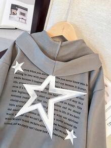 Chaqueta con capucha de sudadera con cremallera y estampado de estrella en la espalda, holgada y casual, de urbana, de color gris ultra suelto, de manga caída para niña preadolescente