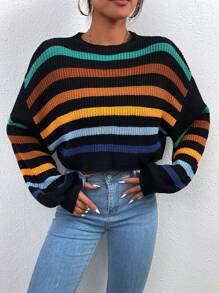 Chiquease 女士撞色条纹印花圆领长袖毛衣套头衫、长袖上衣 - 黑色 - 查看 7